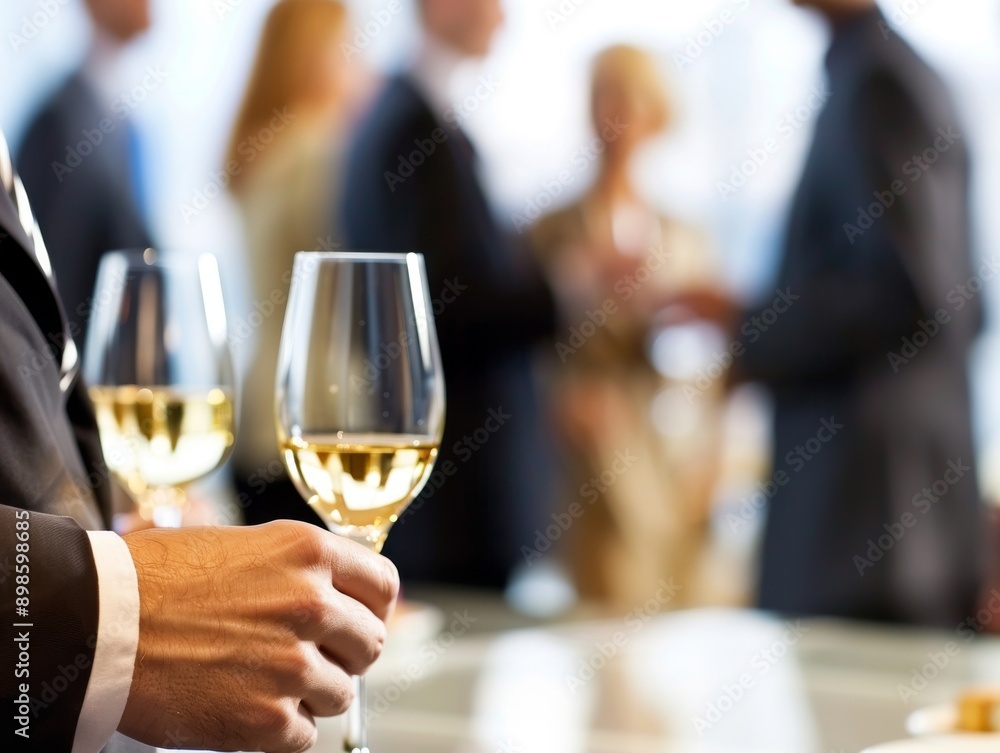 Close-up of a man holding two wine glasses at a formal event, with blurred colleagues in the background. Close-up of a man holding two wine glasses at a formal event, with blurred colleagues in the background.