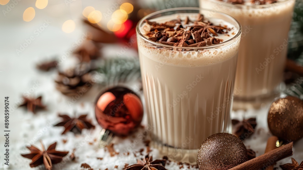 Festive Christmas Eggnog in Glass on White Background for Holiday Celebrations Festive Christmas Eggnog in Glass on White Background for Holiday Celebrations
