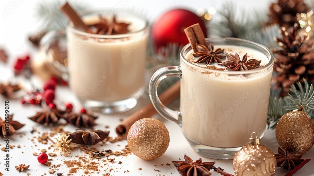 Festive Christmas Eggnog Refreshment in Glass on White Background Festive Christmas Eggnog Refreshment in Glass on White Background