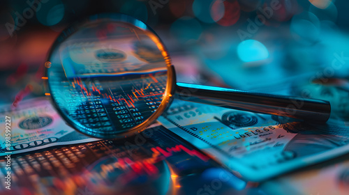 Wallpaper Mural Magnifying glass revealing stock market data on currency notes Torontodigital.ca