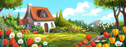 A charming cottage surrounded by a lush garden filled with roses, tulips, and daisies.