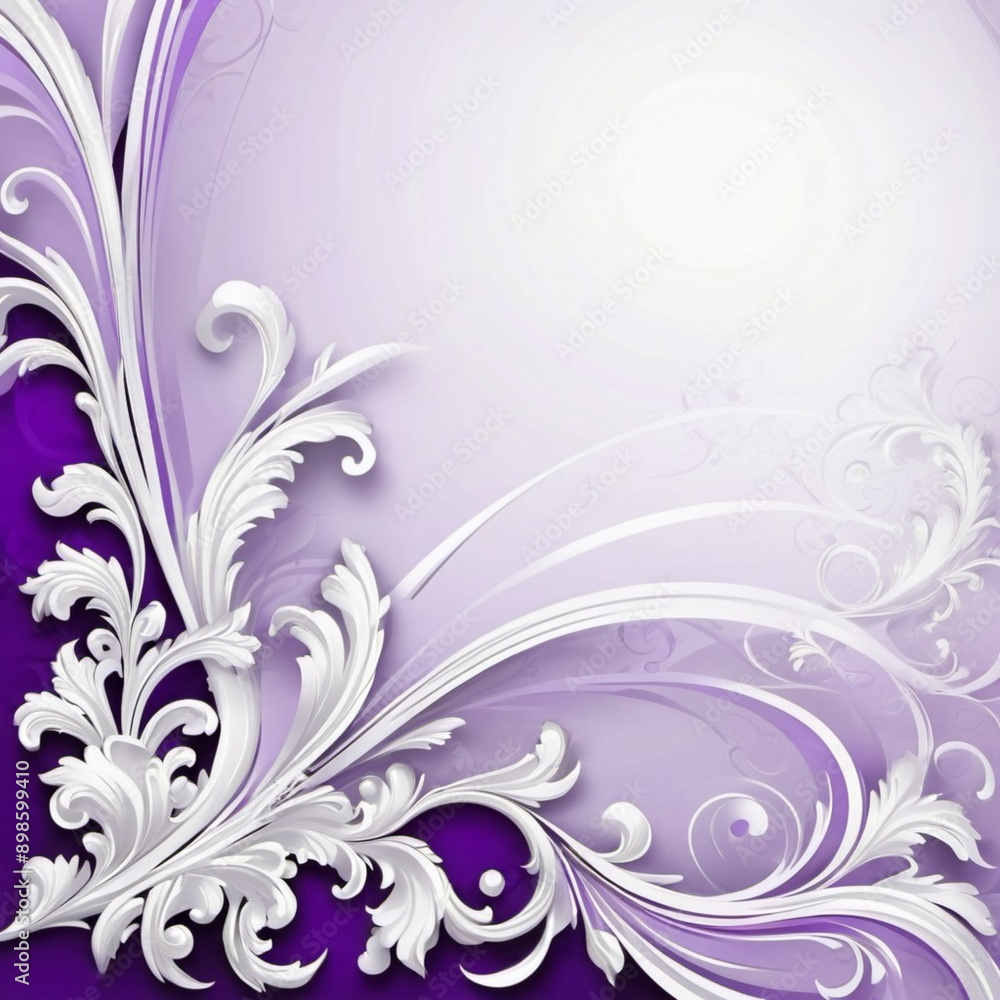 Frame with white purple flowers in Rococo Baroque style. Delicate flowers, petals a soft, pastel purple white. The image captures the intricate details of leaves, delicate beauty. Copy space. AI Frame with white purple flowers in Rococo Baroque style. Delicate flowers, petals a soft, pastel purple white. The image captures the intricate details of leaves, delicate beauty. Copy space. AI