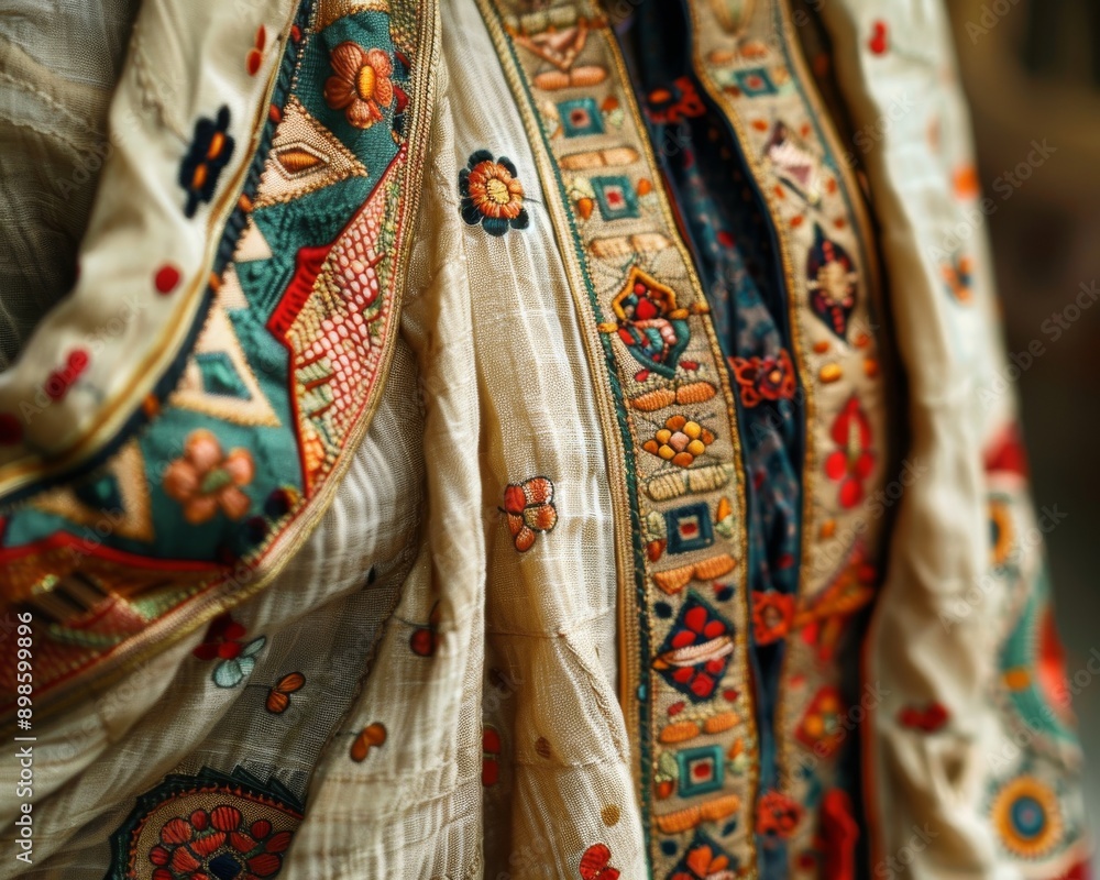 Closeup of intricate embroidery on a white fabric garment. Colorful threads form geometric patterns and floral motifs. Closeup of intricate embroidery on a white fabric garment. Colorful threads form geometric patterns and floral motifs.