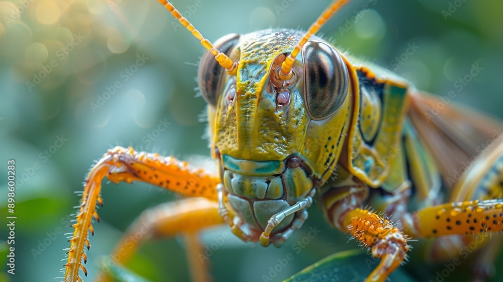 Fototapeta premium Vibrant grasshopper perched on a green leaf, showcasing intricate details in a garden. The bug's colors and features highlighted in a macro shot, with a bokeh background adding to the aesthetic