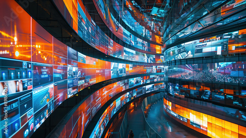 TV digital display. Wall with multiple screen. 