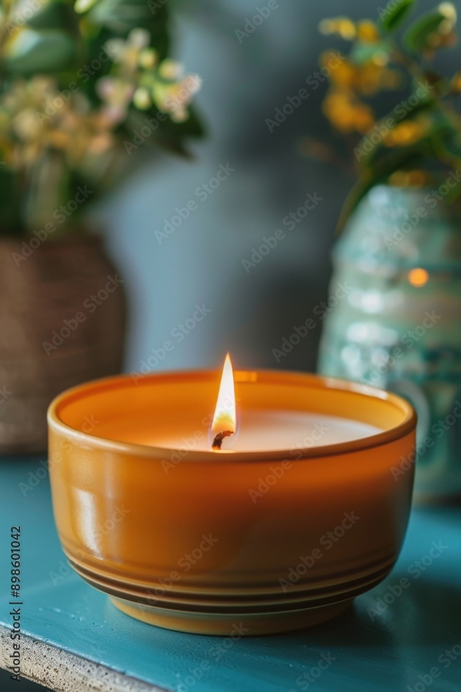 Close-up of a handmade aromatherapy candle burning, the melted wax fragrant with essential oils Close-up of a handmade aromatherapy candle burning, the melted wax fragrant with essential oils