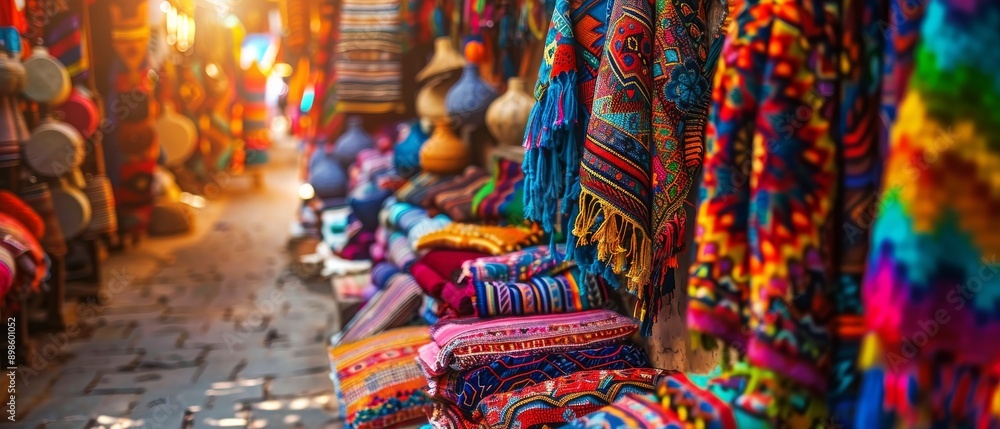Fototapeta premium Colorful fabric and textiles displayed in a market stall.