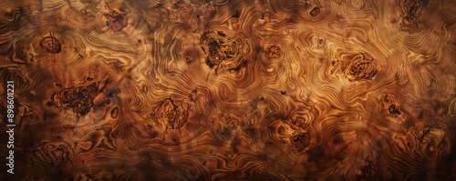 A high-end oak burl wood backdrop with unique grain textures and warm, brown hues, ideal for elegant presentations. photo