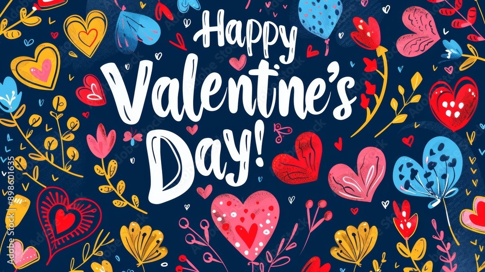 Fototapeta premium Colorful hearts and floral designs celebrate Valentine's Day on a blue background.