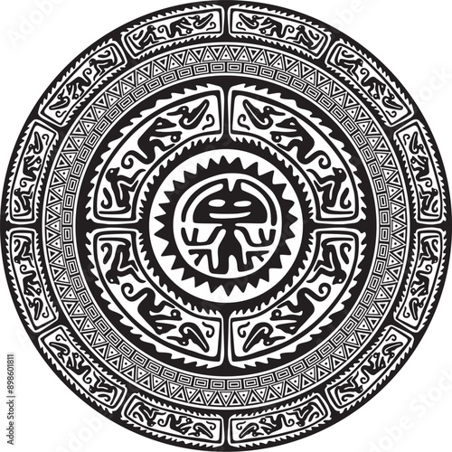 Native American vector round monochrome pattern. Geometric shapes in a circle. National ornament of the peoples of America, Maya, Aztecs, Incas