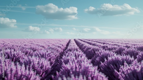 A beautiful lavender field under a bright blue sky, with copy space, high-resolution photo, cinematic image, hyper realistic