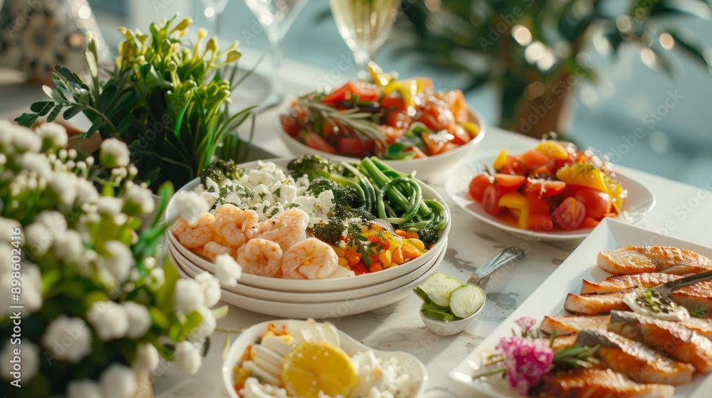 A beautifully set dining table with a variety of healthy, colorful dishes and fresh flowers, with copy space, high-resolution photo, realistic photo, hyper realistic A beautifully set dining table with a variety of healthy, colorful dishes and fresh flowers, with copy space, high-resolution photo, realistic photo, hyper realistic
