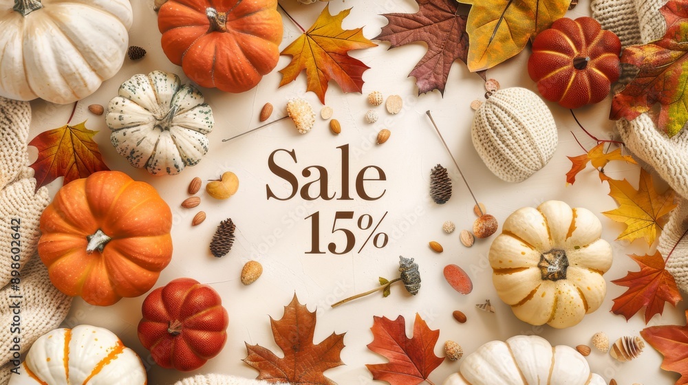 Fall pumpkins, leaves, and acorns surrounding a Fall pumpkins, leaves, and acorns surrounding a