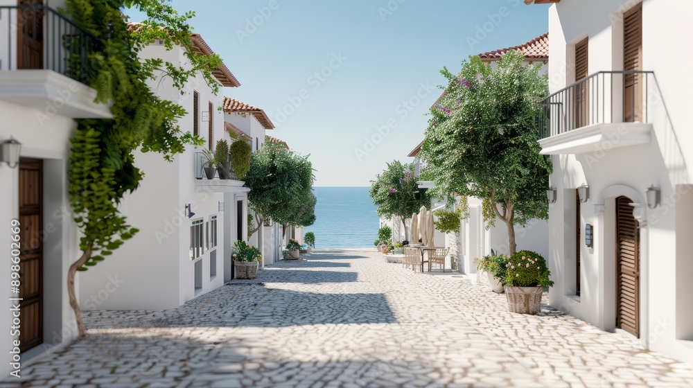 A charming street in a seaside village, with shops, cafes, and people strolling, with copy space A charming street in a seaside village, with shops, cafes, and people strolling, with copy space