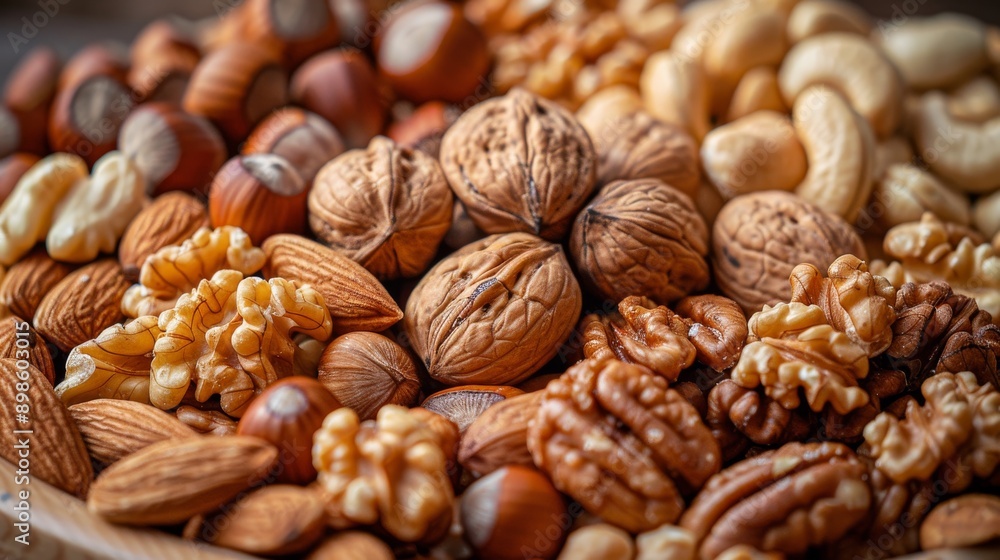 Variety of shelled nuts are gathered in a bowl, creating a textured background of healthy snack options Variety of shelled nuts are gathered in a bowl, creating a textured background of healthy snack options