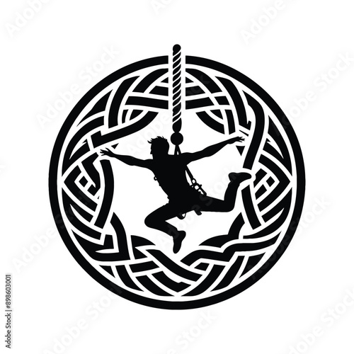 Bungee Jumping  male player in celtic knot pattern illustration, emblem shield badge