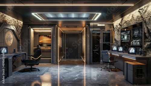 Futuristic office interior with sleek design and glowing lights. Spacious room with two work stations and marble flooring.