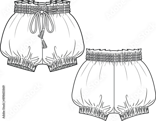 KID GIRLS BOTTOM WEAR SHORT FRONT AND BACK FLAT SKETCH ILLUSTRATION VECTOR