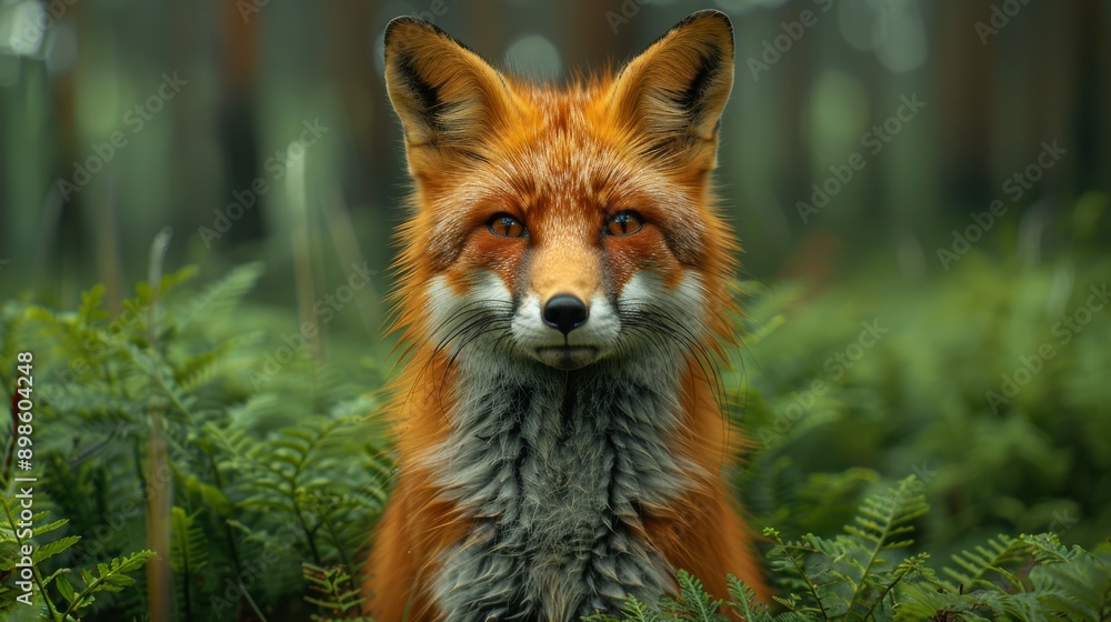 Red fox with a thick winter coat stands gracefully in lush green forest. Its vibrant orange fur contrasting beautifully with the surroundings Red fox with a thick winter coat stands gracefully in lush green forest. Its vibrant orange fur contrasting beautifully with the surroundings