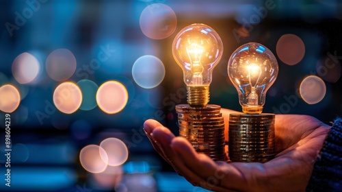 Hand holding two light bulbs on stacks of coins, symbolizing financial growth and bright ideas. photo