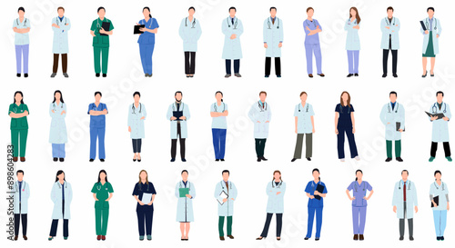 Medical staff . Doctors, nurses, paramedics. Different male and female medic workers in uniform with stethoscopes. 