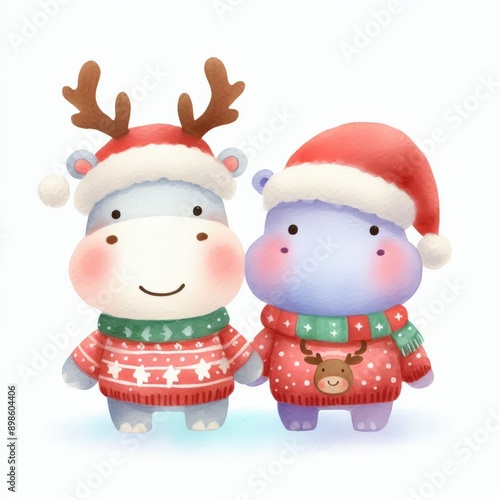Two adorable hippos dressed in festive Christmas sweaters and hats.