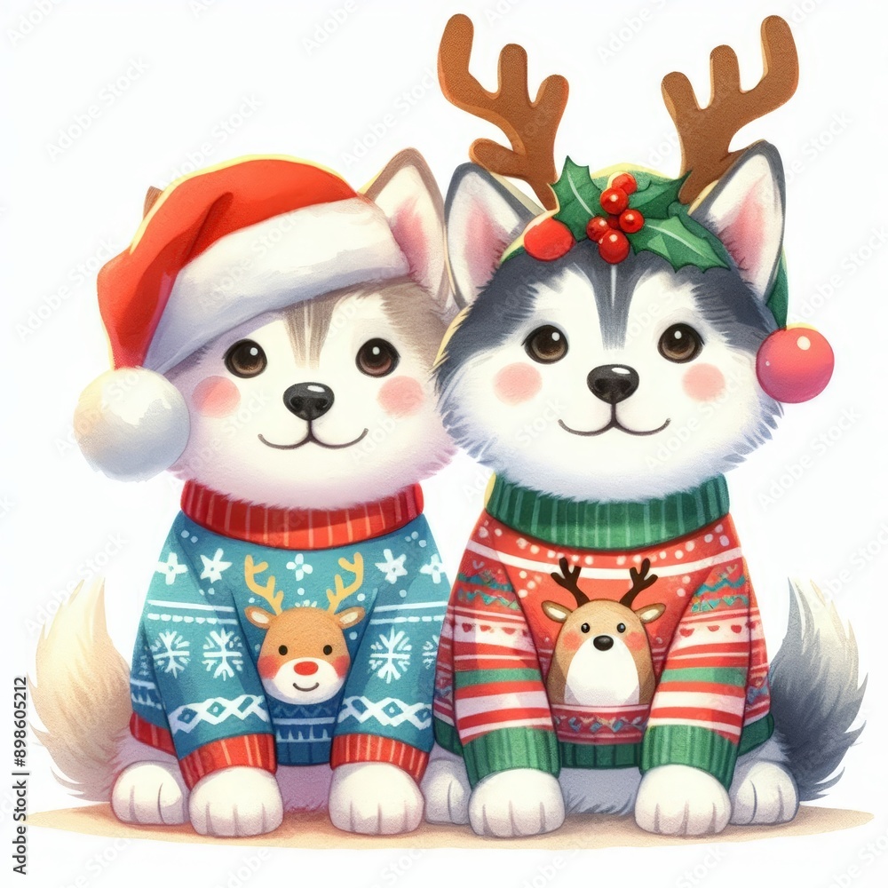 Two adorable husky puppies wearing Christmas sweaters and festive accessories. One wears a Santa hat and the other reindeer antlers. Two adorable husky puppies wearing Christmas sweaters and festive accessories. One wears a Santa hat and the other reindeer antlers.