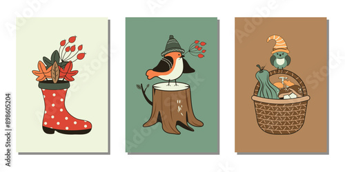 A set of beautiful postcards depicting autumn elements. Vector design for posters, invitations, covers, postcards and more.