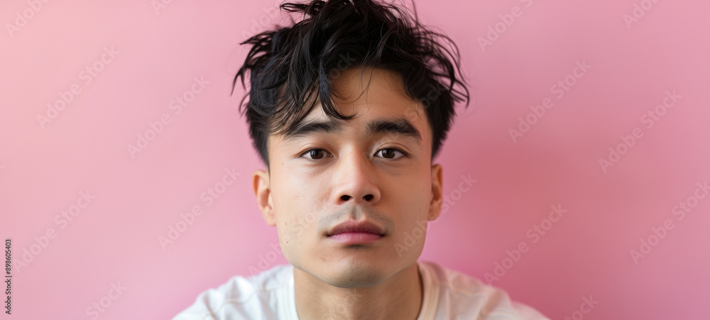 A portrait of a young Asian man against a pink background A portrait of a young Asian man against a pink background