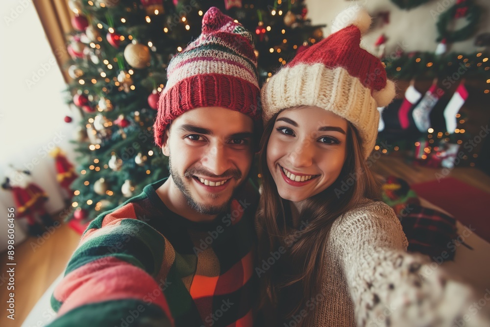 A young couple in Christmas hats takes a selfie at the Christmas tree, cheerful and festive mood A young couple in Christmas hats takes a selfie at the Christmas tree, cheerful and festive mood