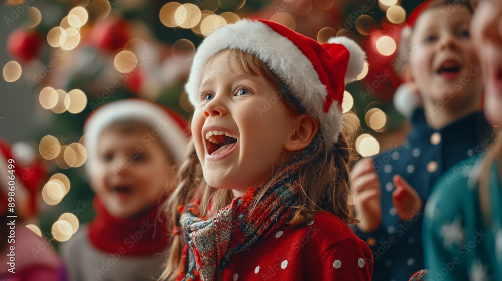 Children in the choir sing Christmas songs at the decorated Christmas tree, with festive outfits and joyful faces Children in the choir sing Christmas songs at the decorated Christmas tree, with festive outfits and joyful faces