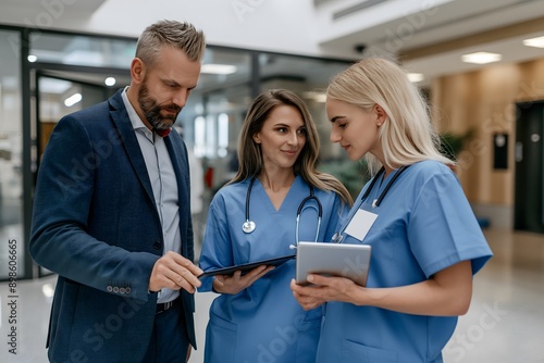 A pharmaceutical sales representative discusses a new product with doctors in a medical building, presenting it on a tablet