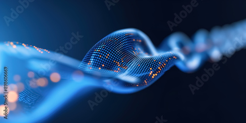 Stunning abstract image of a flowing digital wave with blue light particles and orange highlights, representing data flow and advanced technology in a futuristic style.