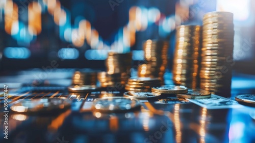 Stacks of gold coins on a table with a blurred city lights background.  Financial success concept.