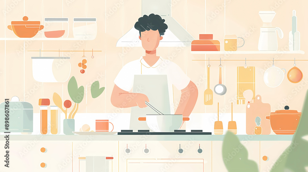 Cheerful Minimalist Art of Man Cooking in Bright Modern Kitchen Cheerful Minimalist Art of Man Cooking in Bright Modern Kitchen