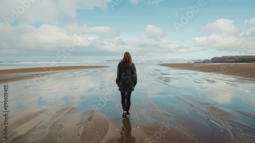 woman walking on the beach generative ai photo