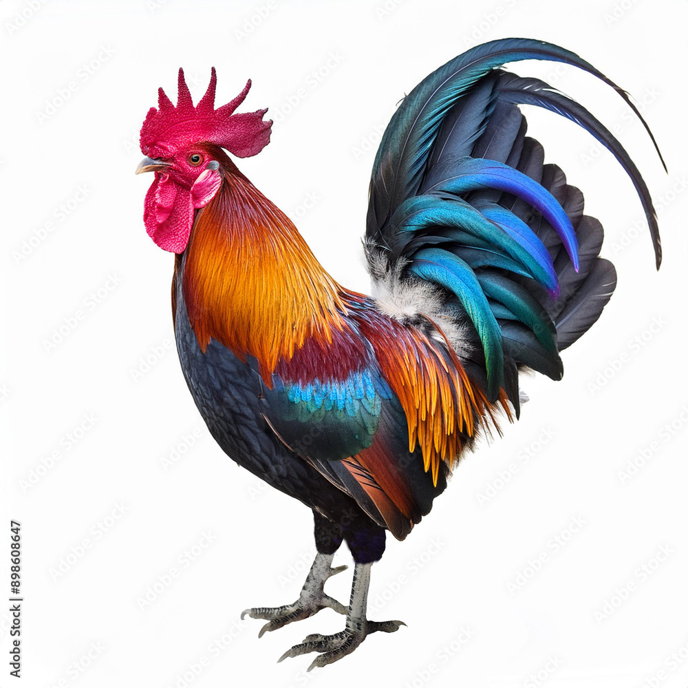 Fototapeta premium coq, poulet, oiseau, coloré, ferme, animal, coquelet, volaille, isolé, poule, empennage, oiseau, rouge, nature, blanc, agriculture, bec, domestique, bétail, rural, peigne, brun, coloré, empennage, via