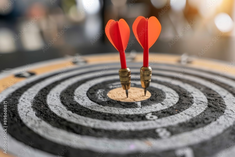 Two red darts hit the bullseye on a dartboard. A symbol of success and achievement. Two red darts hit the bullseye on a dartboard. A symbol of success and achievement.
