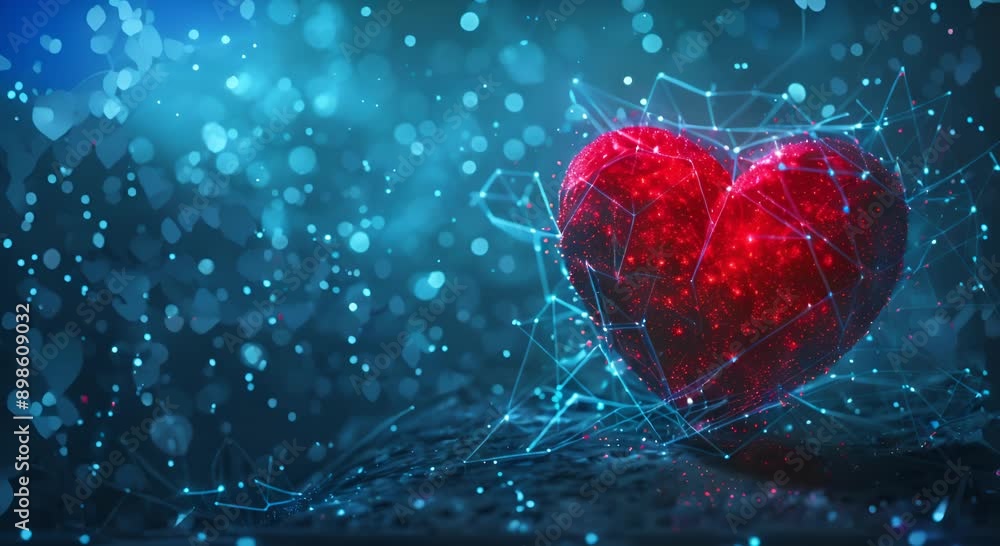 A heart is surrounded by a web of lines and is surrounded by a blue background. The heart is red and he is broken A heart is surrounded by a web of lines and is surrounded by a blue background. The heart is red and he is broken