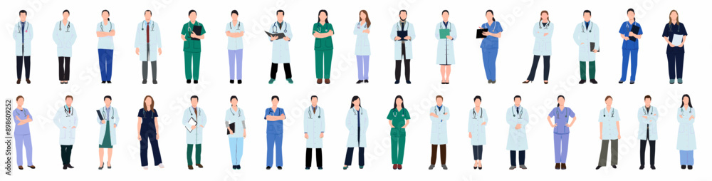 Set of doctors and nurses characters with various poses.
Huge set of realistic medical staff in different pose on white medical background. Set of doctors and nurses characters with various poses.
Huge set of realistic medical staff in different pose on white medical background.