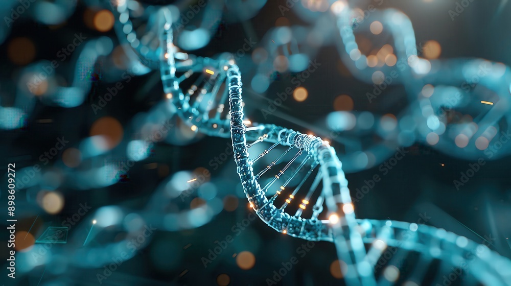 Close-up view of a DNA double helix structure, representing genetic research, biotechnology, and molecular biology. Close-up view of a DNA double helix structure, representing genetic research, biotechnology, and molecular biology.