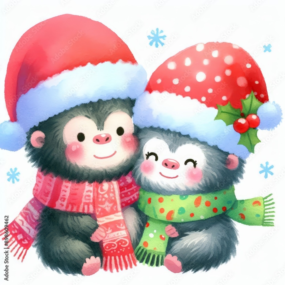 Two adorable monkeys wearing Santa hats and scarves, smiling and cuddling. Perfect for Christmas cards or winter holiday designs. Two adorable monkeys wearing Santa hats and scarves, smiling and cuddling. Perfect for Christmas cards or winter holiday designs.