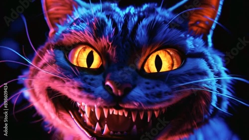 Cheshire Cat's eerie smile, dark background, vivid grin, surreal effect