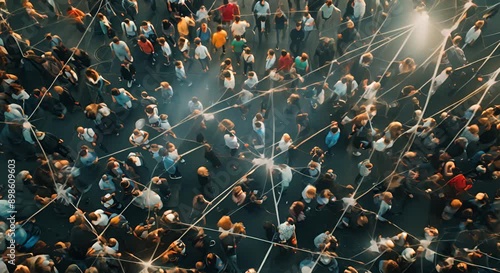 A crowd of people are connected by a web of lines. Concept of unity and togetherness among the people