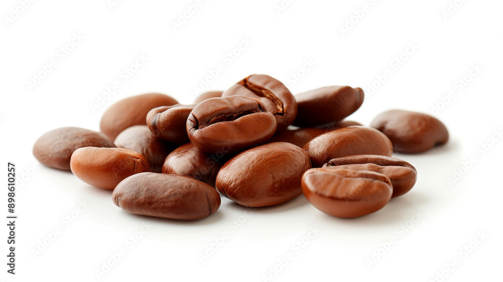 A detailed and hyper-realistic close-up shot of coffee beans, showcasing their texture and color. Isolated on white background. A detailed and hyper-realistic close-up shot of coffee beans, showcasing their texture and color. Isolated on white background.