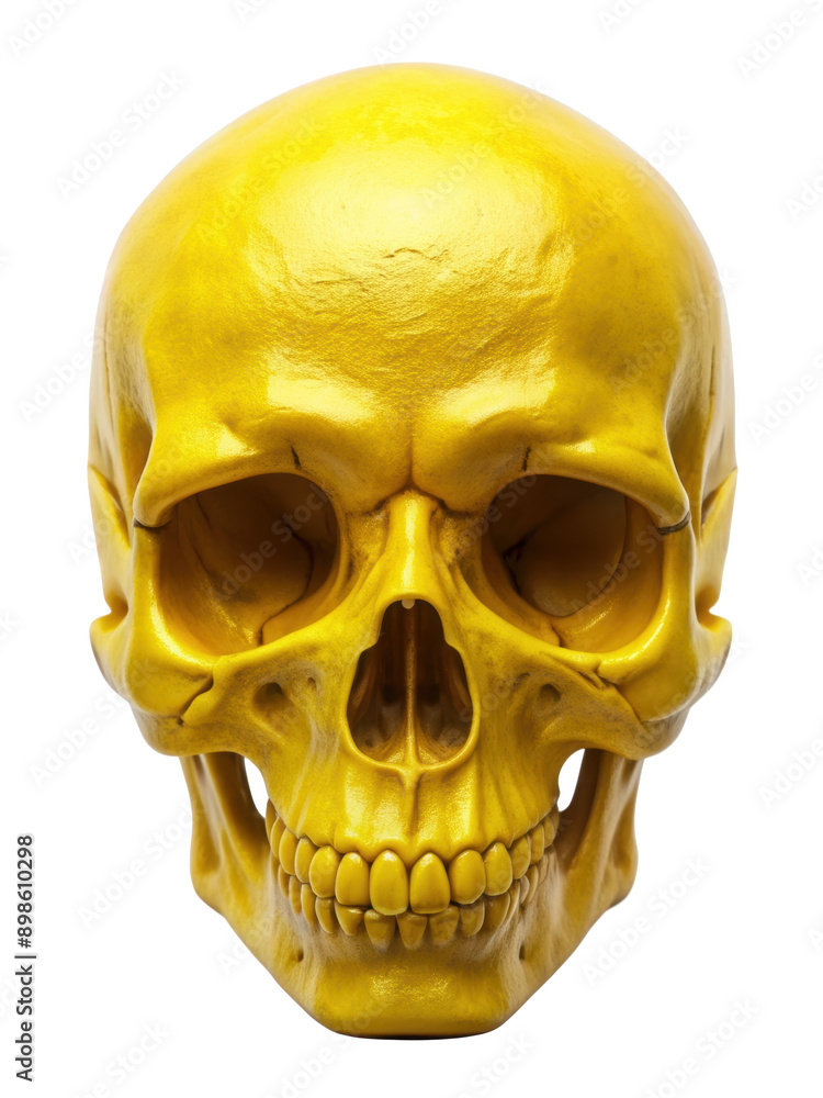A vibrant yellow skull model showcasing intricate details and anatomical features. The model stands out with its bold color and detailed craftsmanship. Isolated on transparent background, png. A vibrant yellow skull model showcasing intricate details and anatomical features. The model stands out with its bold color and detailed craftsmanship. Isolated on transparent background, png.