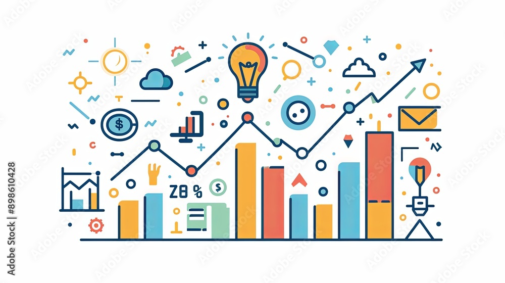 An upward arrow graph surrounded by various business icons like a lightbulb, handshake, and dollar sign. An upward arrow graph surrounded by various business icons like a lightbulb, handshake, and dollar sign.