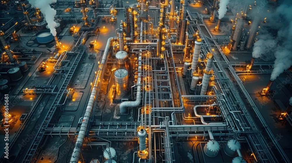 Precision at Work: Aerial View of Workers Operating Complex Machinery in Petrochemical Plant Precision at Work: Aerial View of Workers Operating Complex Machinery in Petrochemical Plant