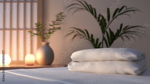 A cozy bedroom with soft lighting, a neatly made bed, and a person practicing bedtime meditation, with copy space, high-resolution photo, realistic photo, hyper realistic