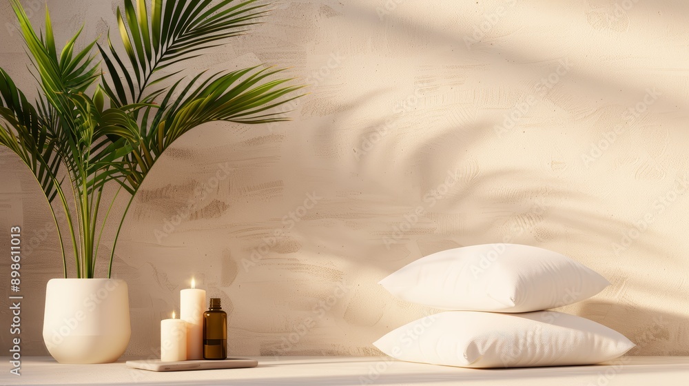 A cozy meditation corner with cushions, candles, and a small table with essential oils, with copy space, high-resolution photo, realistic photo, hyper realistic